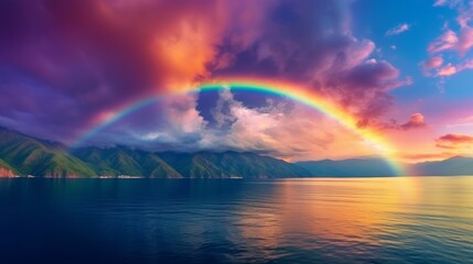  photograph of Rainbow after the rain bright blue sky On the background of green mountains