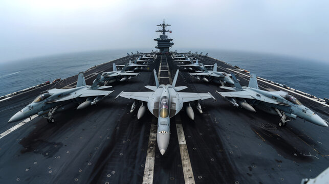 High-angle panoramic view, showcasing the strategic layout of jets on the carrier, pre-takeoff,