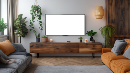 Mockup of an empty wide TV screen in the living room