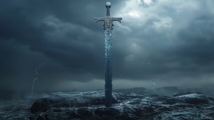 Legendary Sword, Ornate Hilt, Weapon of Destiny, Emerging from a Stone, Stormy Weather, 3D Render, Rim Lighting, Motion Blur