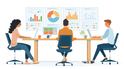 Business team works concept. Colleagues and partners work at common project. Brainstorming and insights discussion. Team of analysts with graphs and diagrams. Cartoon flat vector illustration