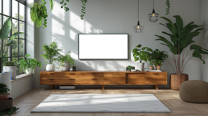 Mockup of an empty wide TV screen in the living room