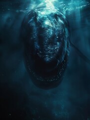 Leviathan, colossal sea creature, lurking in the depths of a bioluminescent abyss Captured in a haunting photograph, silhouette lighting, chromatic aberration