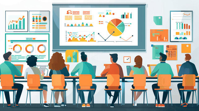 Educators in a school staff room working together on curriculum development with educational graphs and teaching aids