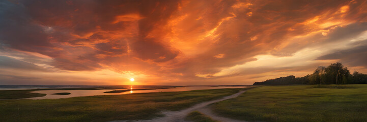 3:1 banner. phenomenon of fiery clouds during sunset. The colors and textures of the fiery clouds...