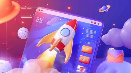 Rocket launch on computer screen 3D rendering. Business start up concept, Innovation technology and success