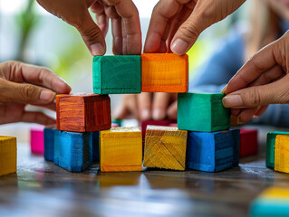 Office workers engaging in a team-building exercise fitting different geometric blocks together