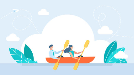 Man and woman rowing a boat. Business man and woman collaborate on tasks. Couple in a canoe rowing oars along the river. Cartoon funny illustration
