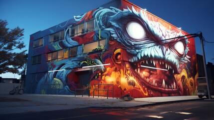 Capture the Utopian Street Art vision from a low-angle perspective, showcasing vibrant colors and intricate details in a photorealistic digital rendering Utilize innovative lighting techniques to brin