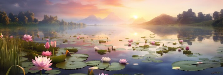 Water lilies in the lake on the background of the sunset - obrazy, fototapety, plakaty