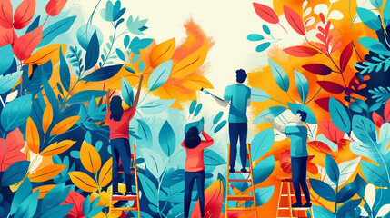 Volunteers participating in a neighborhood mural painting adding colorful art to public walls
