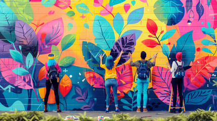 Volunteers participating in a neighborhood mural painting adding colorful art to public walls