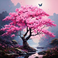 landscape of cherry blossoms in watercolors. Generative AI