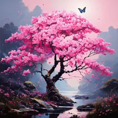 Muurstickers landscape of cherry blossoms in watercolors. Generative AI © law