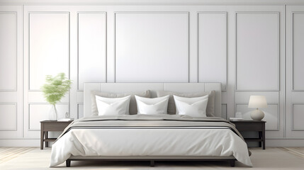 Fototapeta na wymiar Cozy modern bedroom with elegant design ,Minimalist Bedroom Wall Decor Interior With White 3d Render Of Frame Mockup Backgrounds