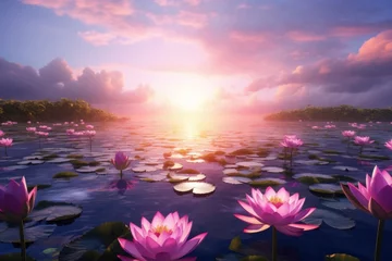 Foto op Canvas Water lilies in the lake on the background of the sunset © Aida