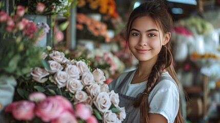 Fototapeta premium Young Female Florist Smiling in Flower Shop