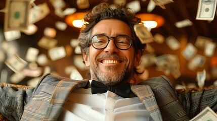 Smiling Man with Falling Money and Glasses - obrazy, fototapety, plakaty