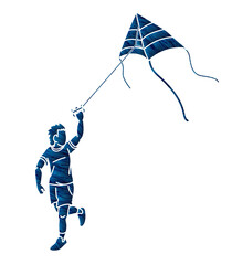 A Boy Running Fly a Kite Child Playing Cartoon Graphic Vector