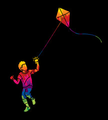 A Boy Running Fly a Kite Child Playing Cartoon Graphic Vector