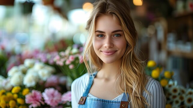 Smiling Young Blonde Woman at Flower Shop