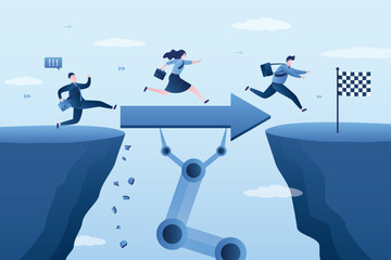 Obraz premium Big robot hand holds arrow and help business people cross problem gap. Support of AI to solve problem, chat bot with ai to help team success.