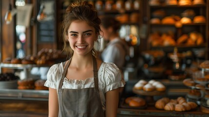 Smiling Young Female Baker in an Apron at a Bakery