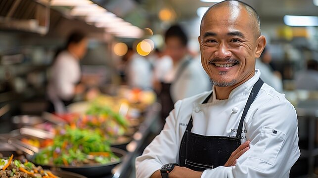 Smiling Asian Chef in Professional Kitchen