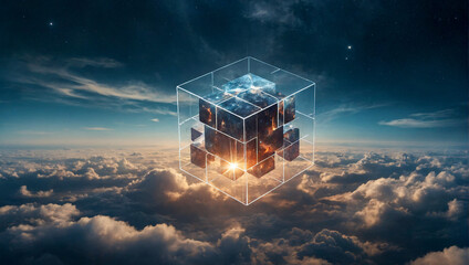 A translucent cube traps eerie clouds in the sky surrealism - obrazy, fototapety, plakaty