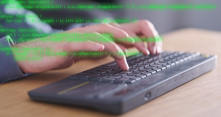 Intellectual, highly paid job as a programmer. Close-up, hands on a computer keyboard typing code.