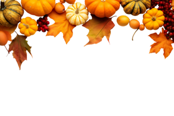 Thanksgiving background decoration, dry leaves, berries and pumpkins on white background PNG