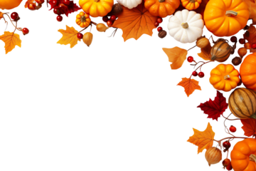 Thanksgiving background decoration, dry leaves, berries and pumpkins on white background PNG