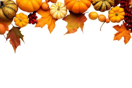 Thanksgiving background decoration, dry leaves, berries and pumpkins on white background PNG