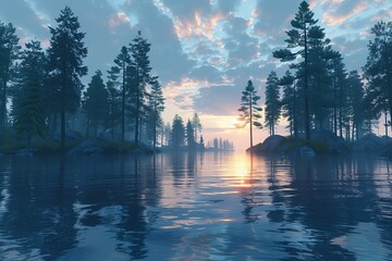 Fototapeta premium A serene landscape such as a forest at dawn or a calm beach at sunset. Generative AI