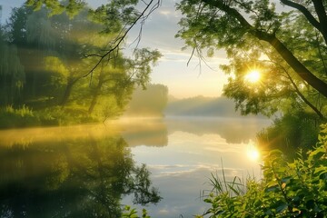 A serene landscape such as a forest at dawn or a calm beach at sunset. Generative AI