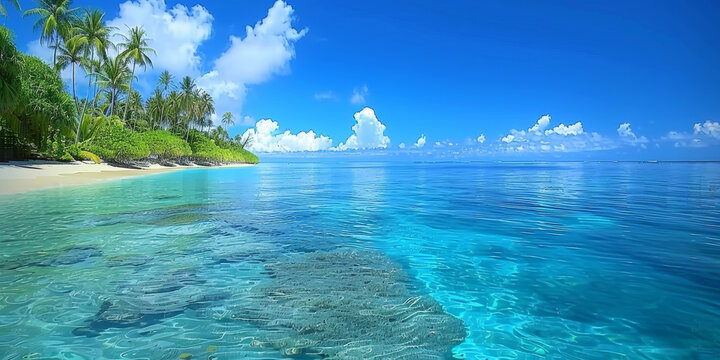 A beautiful blue ocean with a sandy beach and palm trees in the background. The water is calm and clear, and the sky is filled with fluffy white clouds. The scene is serene and peaceful