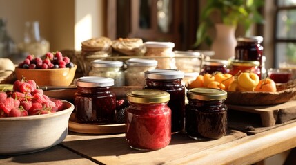Enjoy a selection of flavorful fruit jams on the table
