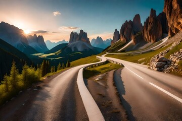 Mountain road at colorful sunset in summer. Dolomites Italy Beautiful curved roadway, rocks, stones, blue sky with clouds. Landscape with empty highway through the mountain pass in spring - obrazy, fototapety, plakaty