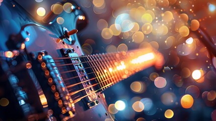 Music concert composition with close-up electronic guitar on blurred background with bokeh effect,...
