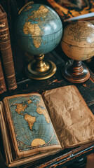 A book with a globe on top of it. The globe is blue and white. The book is open to a page with a map of the world