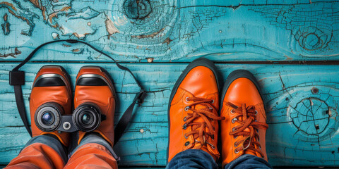A pair of orange shoes and a pair of binoculars are on a wooden floor