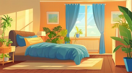 Home bedroom interior. Comfortable bed, window, dressing table and indoor plants. Illustration