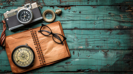 A compass, camera, and glasses are on a table next to a notebook. The scene suggests that someone is preparing for a trip or adventure, and they are gathering their essentials