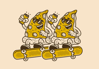 Retro illustration of pizza character jumping on skateboard