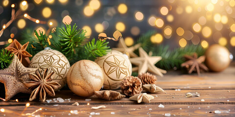 A table is covered with gold and white ornaments, including stars, pine cones, and gold balls. The table is decorated for the holidays, and the ornaments are arranged in a way that creates a festive