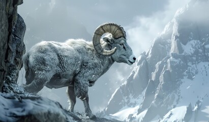 Majestic bighorn sheep standing in snowy mountain landscape