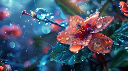Develop a series of digital photo manipulations combining images of water drops with other elements of nature, such as leaves,  