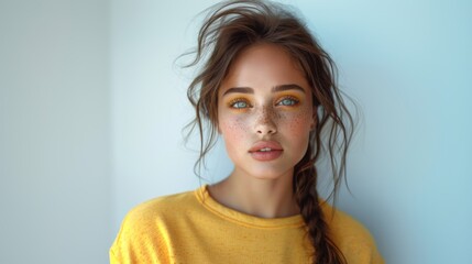 Close-up of a fashionable young woman with freckles, wearing a y - obrazy, fototapety, plakaty