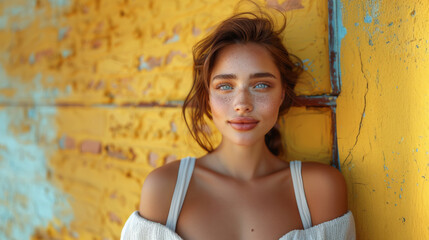 Portrait of a young, trendy woman with freckles posing against a