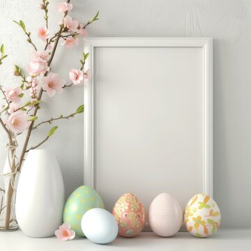 Easter Frame with Eggs and Flowers, White Blank Picture Frame Mockup, Generative AI Illustration